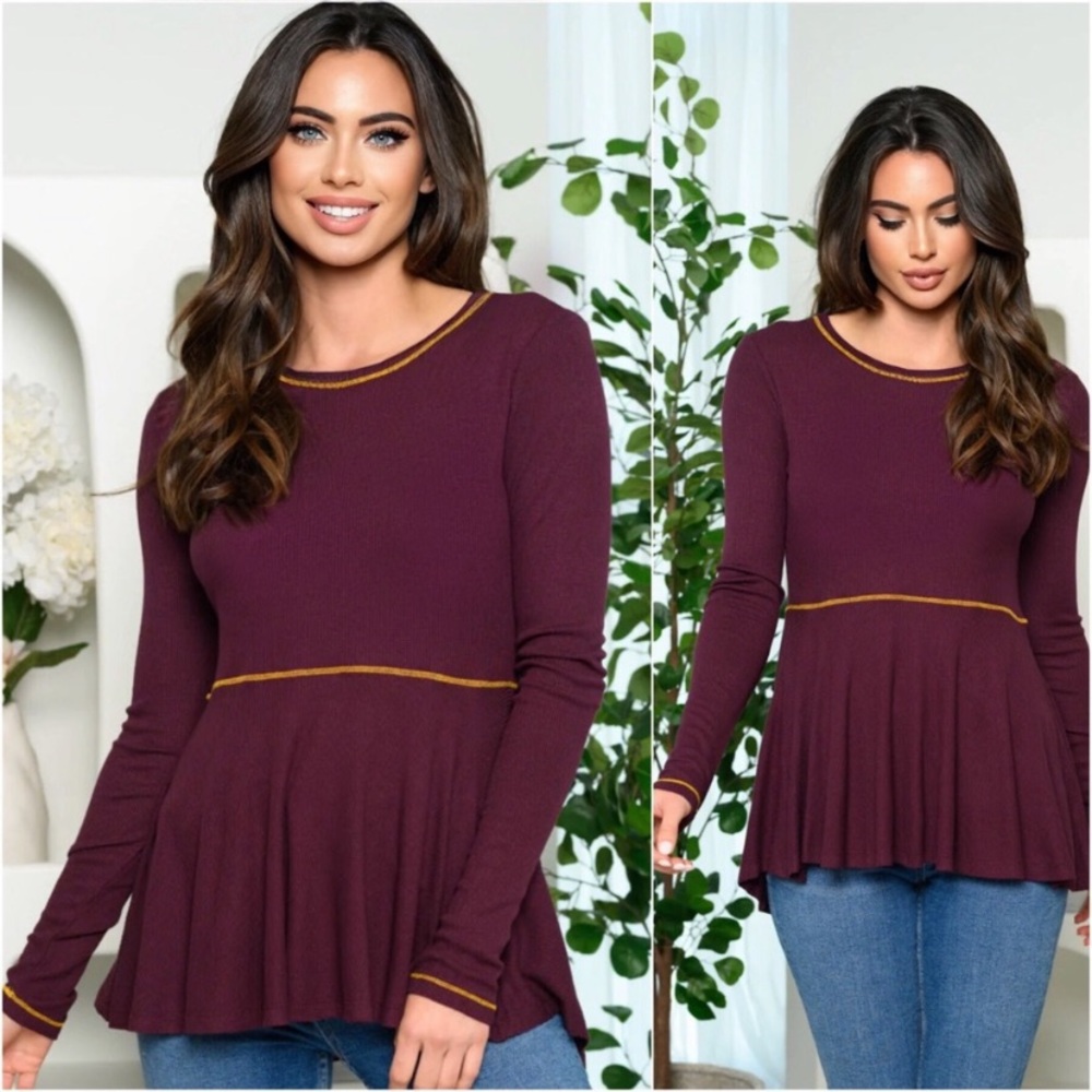 New Plum Mustard Women’s Lightweight Peplum Hi Low Fall Casual Top - Picture 2 of 3